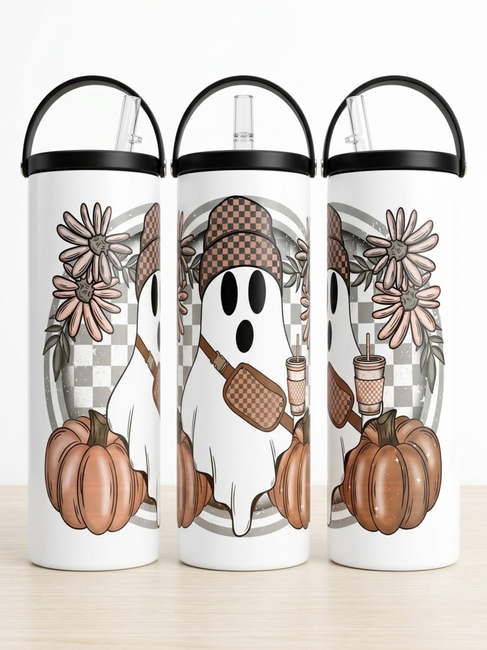 Ghost Pumpkin Floral Insulated Water Bottle - White and Brown, NEW!